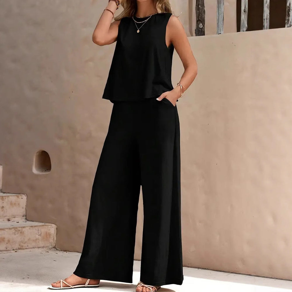 fashion cross-border best sellingpure colorelegancetwo-piece set round neck vest and loose pants suit women's clothing