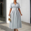 D639 european and american cross-border foreign trade  new lapel short-sleeved high waist lapel large swing mid-length foreign trade dress