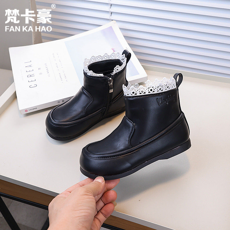 Vancahao girls' lace-trimmed princess leather boots for autumn and winter  - korean style black ankle boots for kids and toddlers