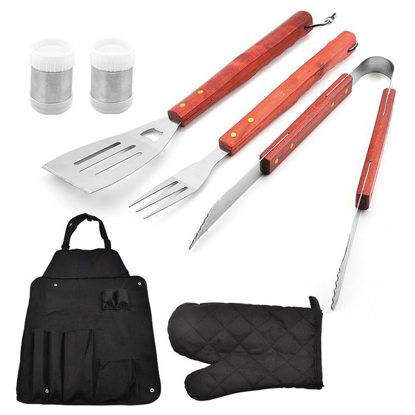 Wooden handle stainless steel grill set, apron canvas bag, barbecue tool 6-piece set, outdoor BBQ barbecue set combination
