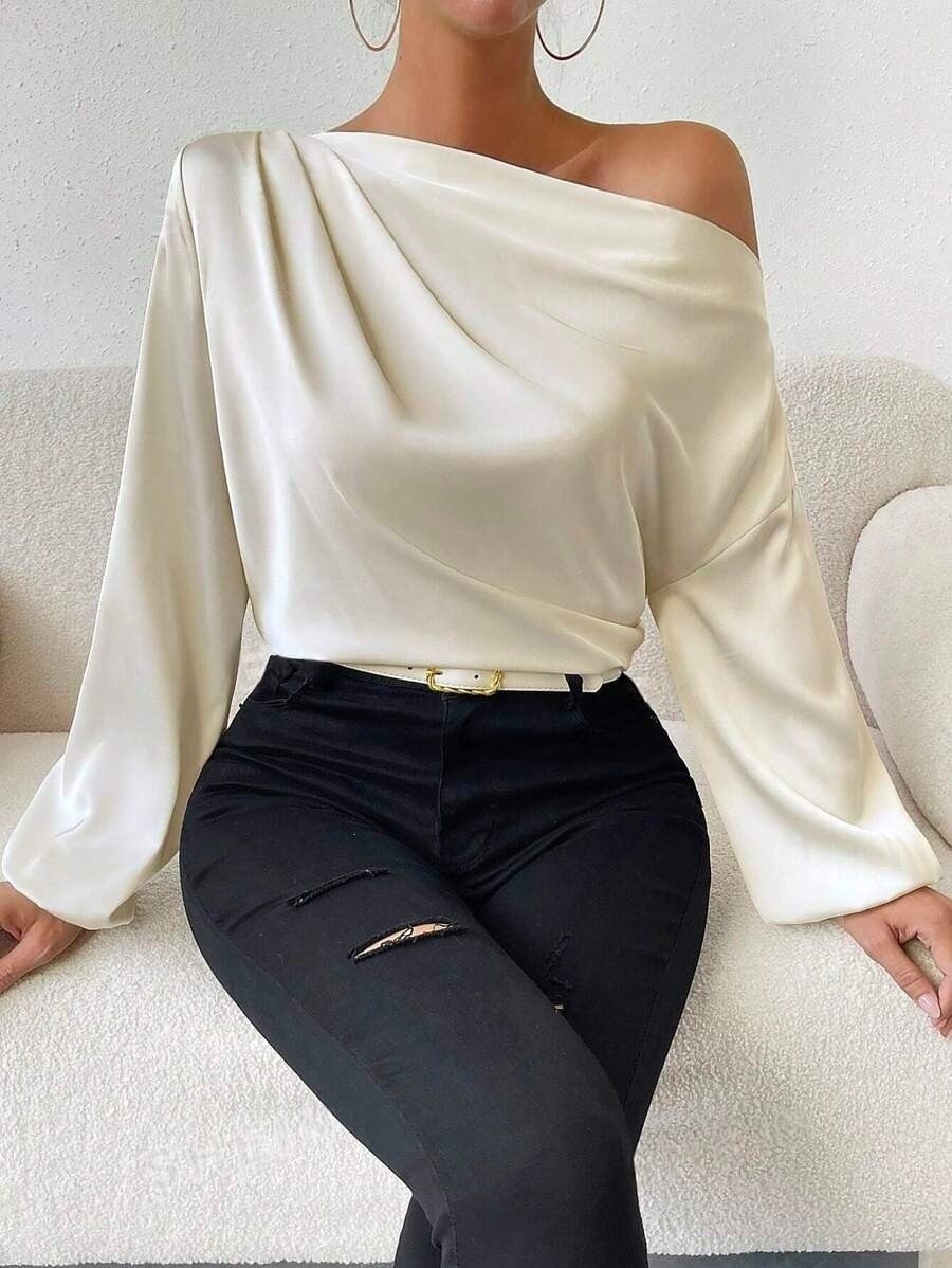 Asymmetrical long sleeve blouse - women's off-the-shoulder pullover top -  cross-border fashion - solid color satin long sleeve shirt