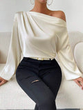 Asymmetrical long sleeve blouse - women's off-the-shoulder pullover top -  cross-border fashion - solid color satin long sleeve shirt