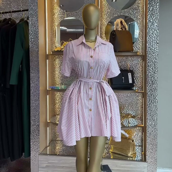 European and american cross-border women's fashion:  summer new arrival - elegant lapel, single-breasted button, pocket, tie-waist shirt dress