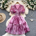 French romantic v-neck lantern sleeve ruffle print dress - women's summer slimming a-line fairy dress