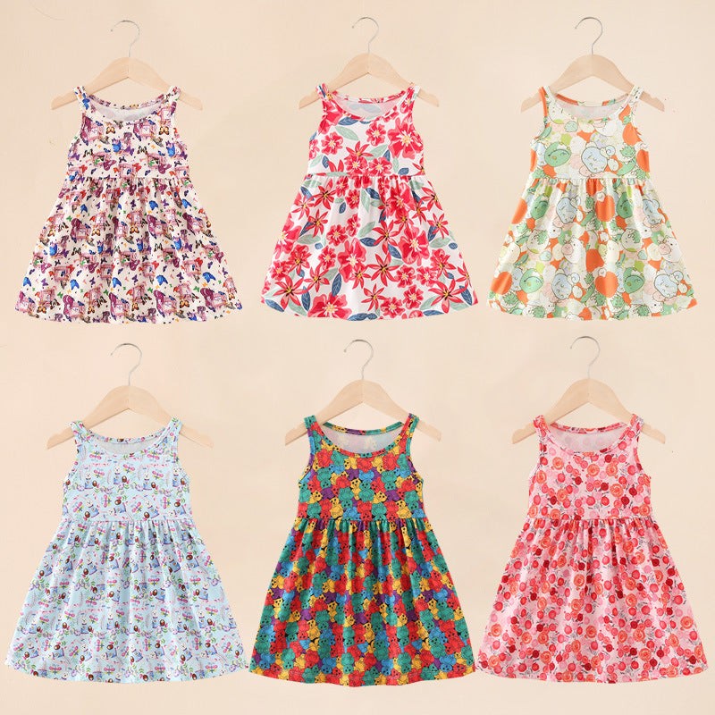 Summer korean style girls' a-line dress - printed milk silk sundress for toddlers and young children