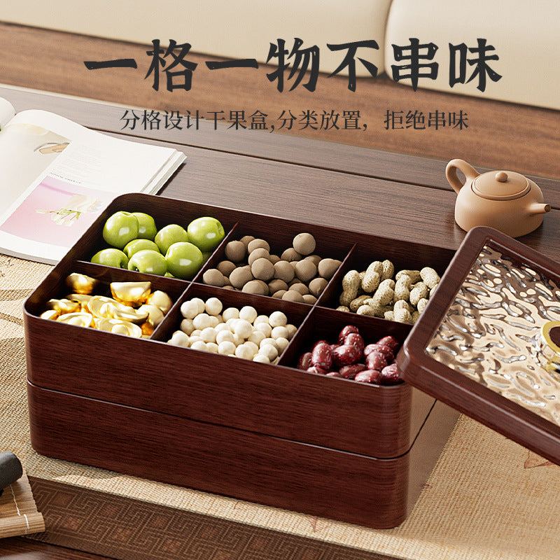 Wood grain new Chinese dried fruit storage box fruit tray refreshment tray household living room compartment snack candy box nut tray
