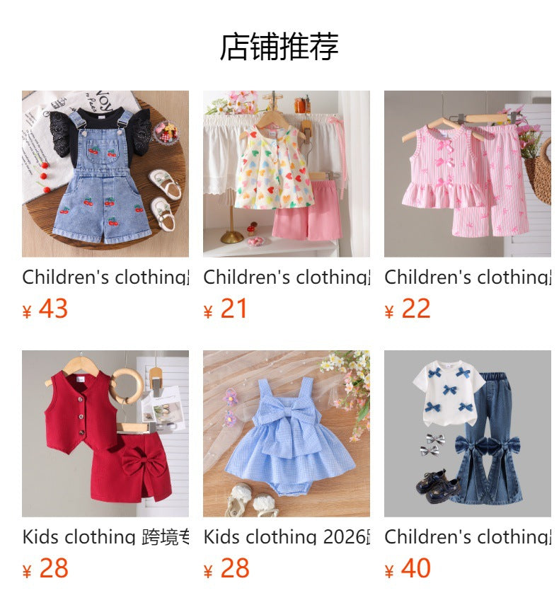 Children's clothing cross-border european and american girls white vest + blue shorts two-piece set children's clothing