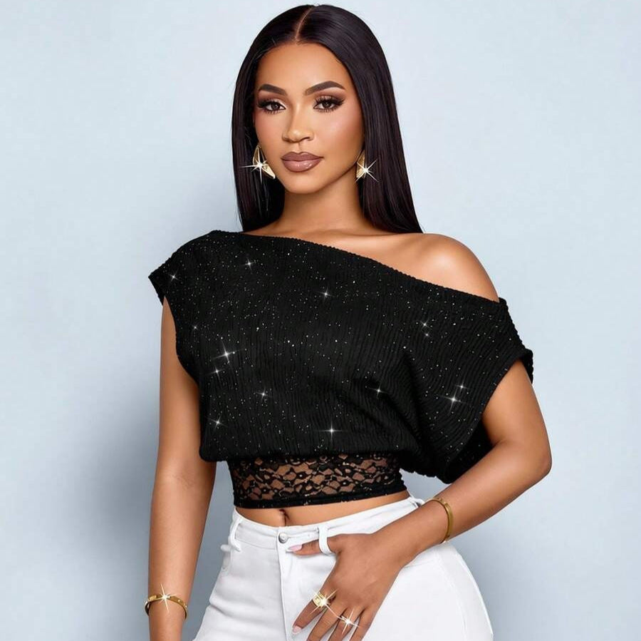Women's elegant see-through lace black t-shirt with lace trim, asymmetrical neckline, and relaxed fit - fashionable and casual