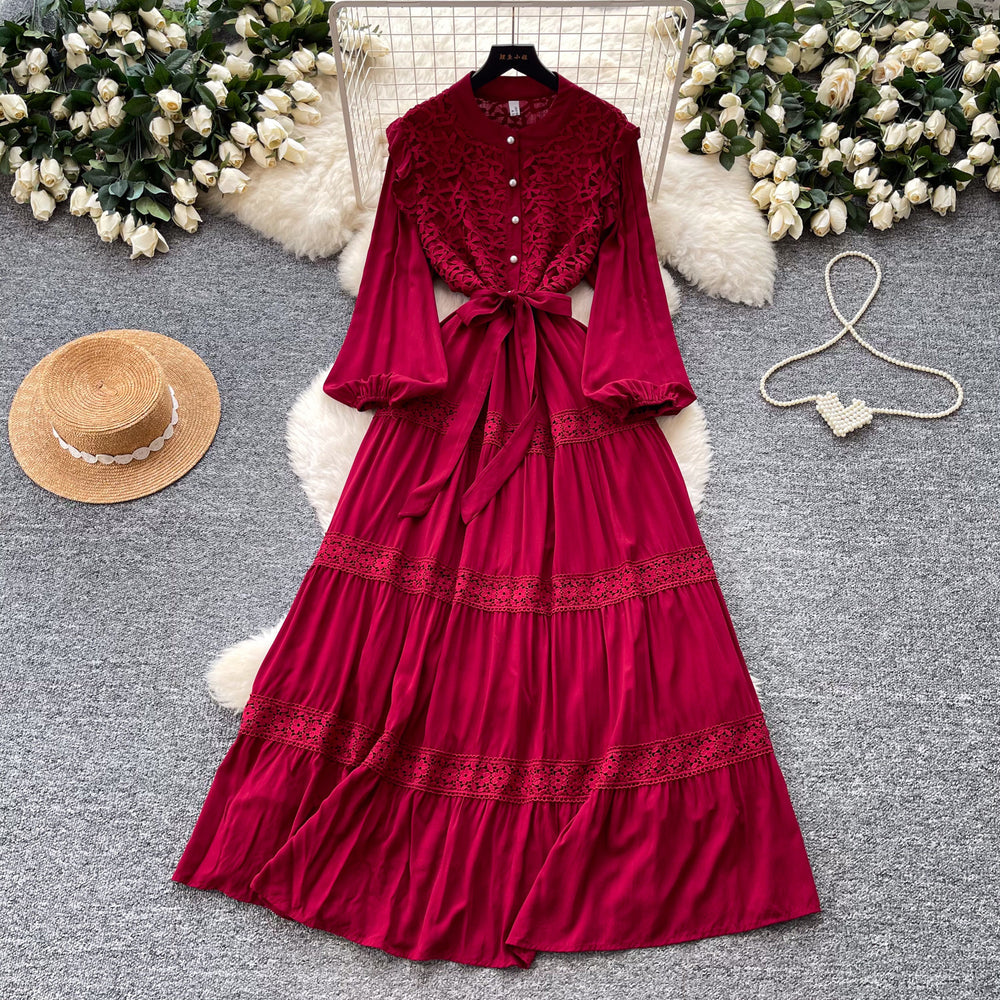 French retro court style lace hollow-out maxi dress - stand collar, summer korean style, long sleeve, cinched waist a-line dress for women
