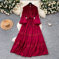French retro court style lace hollow-out maxi dress - stand collar, summer korean style, long sleeve, cinched waist a-line dress for women