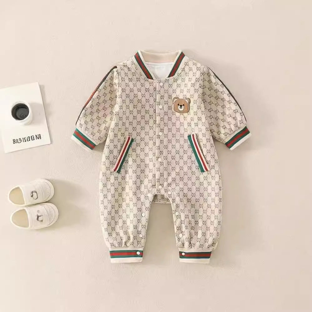 Unisex baby spring/autumn fashionable bear print double-layer romper - stylish outfit, cute crawling suit