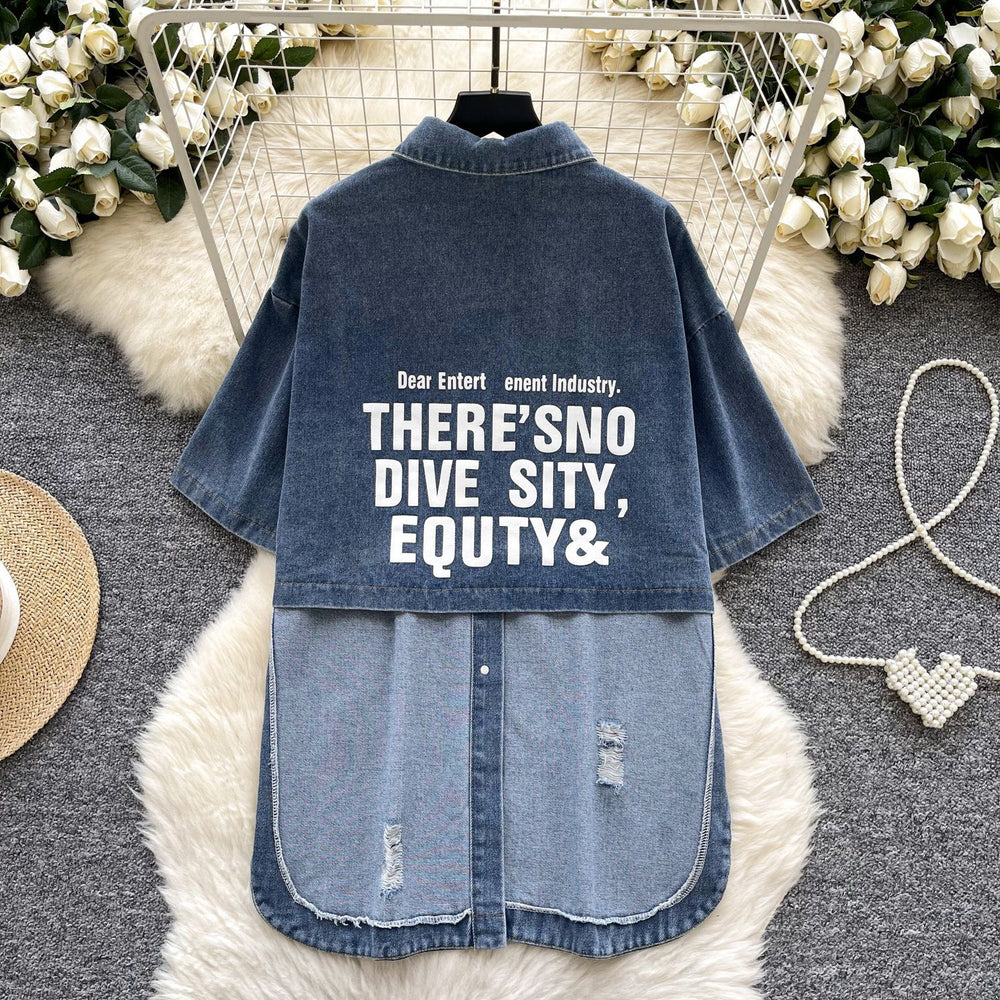 Hong kong style retrocasualbf style fashionable denim shirt for women summersense of designasymmetricalletterprintingtops for women