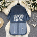 Hong kong style retrocasualbf style fashionable denim shirt for women summersense of designasymmetricalletterprintingtops for women
