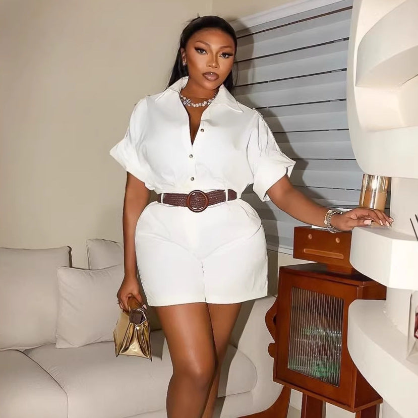 European and american cross-border women's clothing  summer new arrivals: african-style plus size turn-down collar short sleeve shirt and wide leg shorts casual set