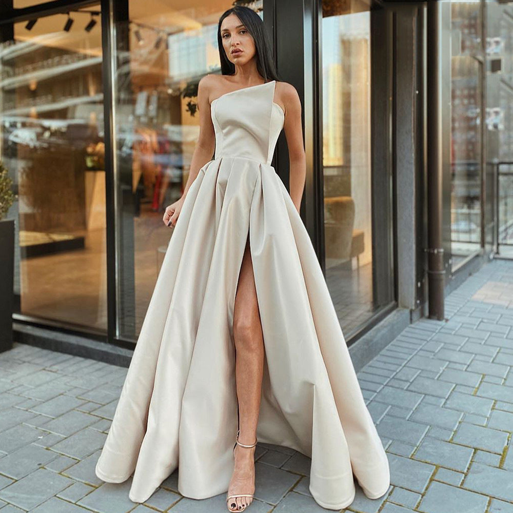 spring/summer new arrivals: cross-border  fashion - european & american style women's one-shoulder bandeau sexy slit maxi dress