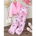 european style girls' sleeveless floral halter romper with pink blazer two-piece set