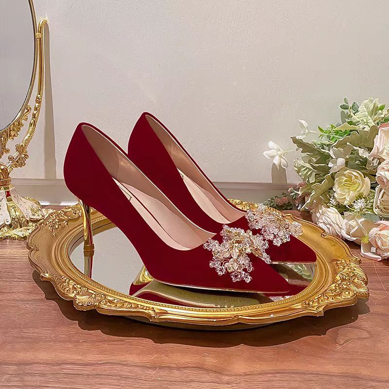 Wedding shoes women's 2025 new arrival stiletto heel bridal shoes pointed toe red wedding dress toasting high heels