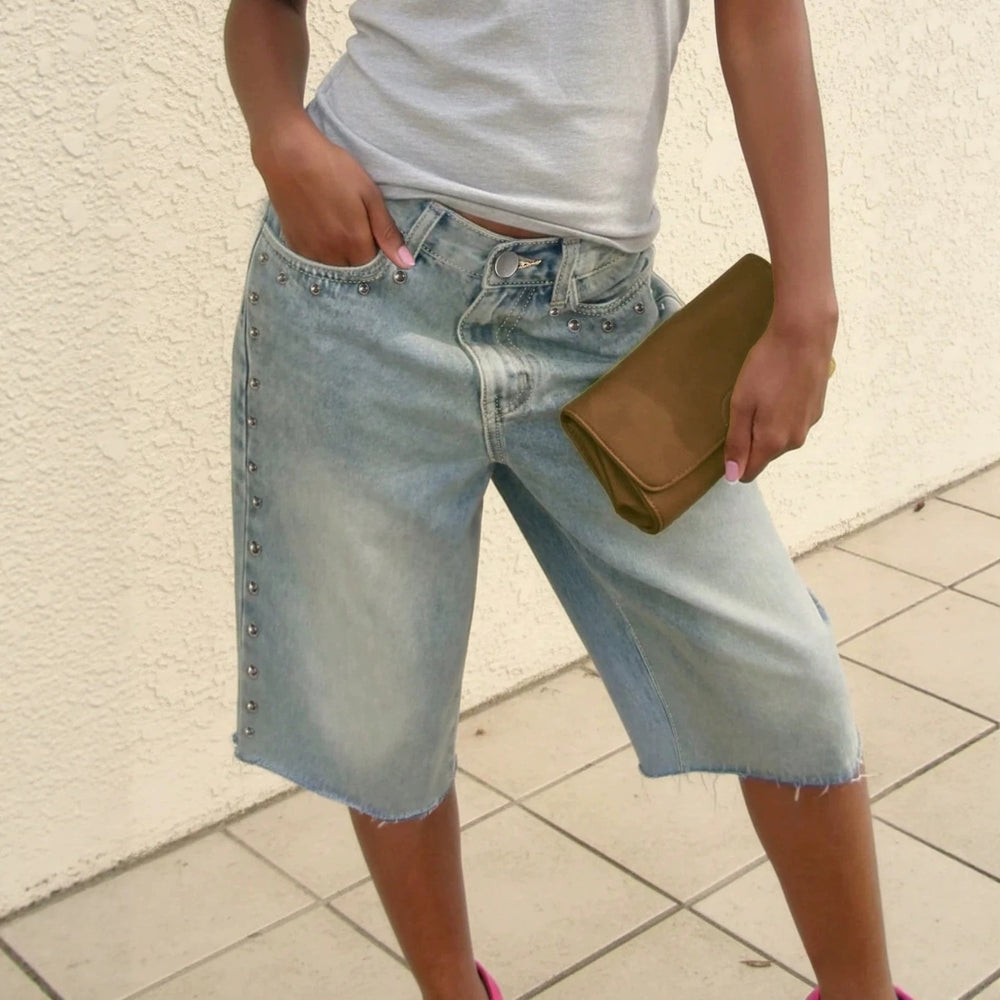 Fashion street rivet denim pants for women high waistloosestraight-leghalf length pants washed raw edge design cross-border