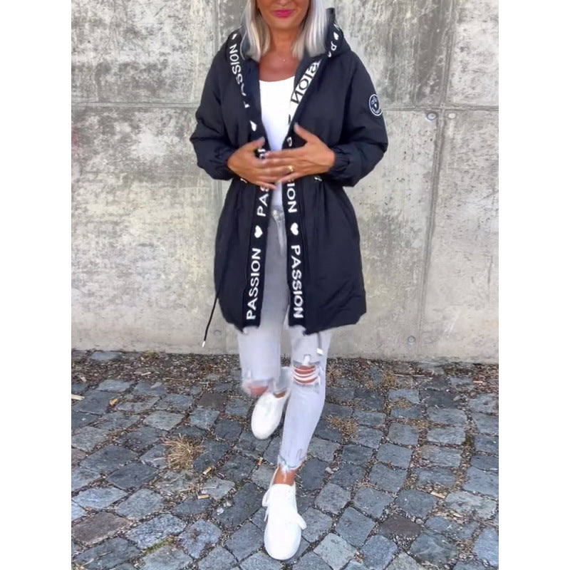 fashionwinternew arrivalcasual hooded drawstring zipper flap pocket pantsletter cotton jacketoutwear women's clothing