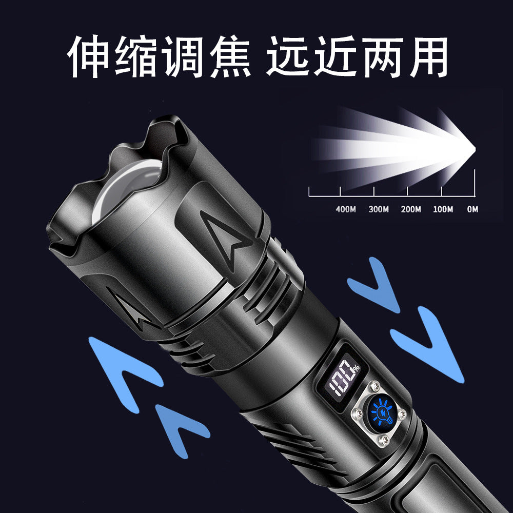 Cross-border white laser long-range flashlight digital display strong light outdoor charging, super bright tactical LED zoom long-range flashlight