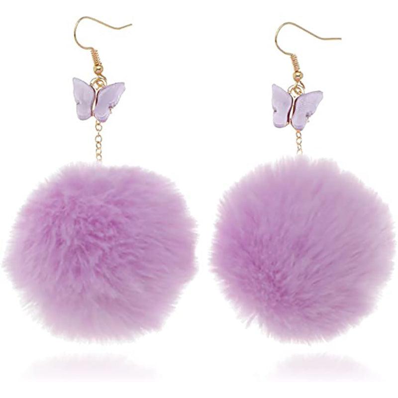European and american cross-border new jewelry fashion mink stuffed ball pendant earrings european and american creative fall and winter butterfly earrings