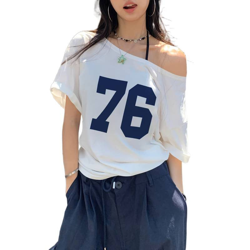 cross-border listing: new  women's printed crew neck off-shoulder short sleeve top
