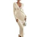 Lace deep v cross slim knittingdresslong sleeves medium long hip cover skirt elegant date slimming look bottom skirt