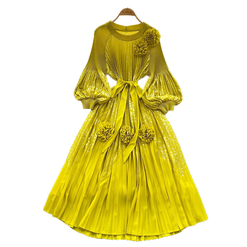 Palace style classyprinting lantern sleeve dress women's spring strap stereo flower pleated super fairy long skirt
