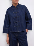 Women's chinese stand collar buttoned denim top - deep navy, relaxed fit, cropped shirt with three-quarter wide sleeves