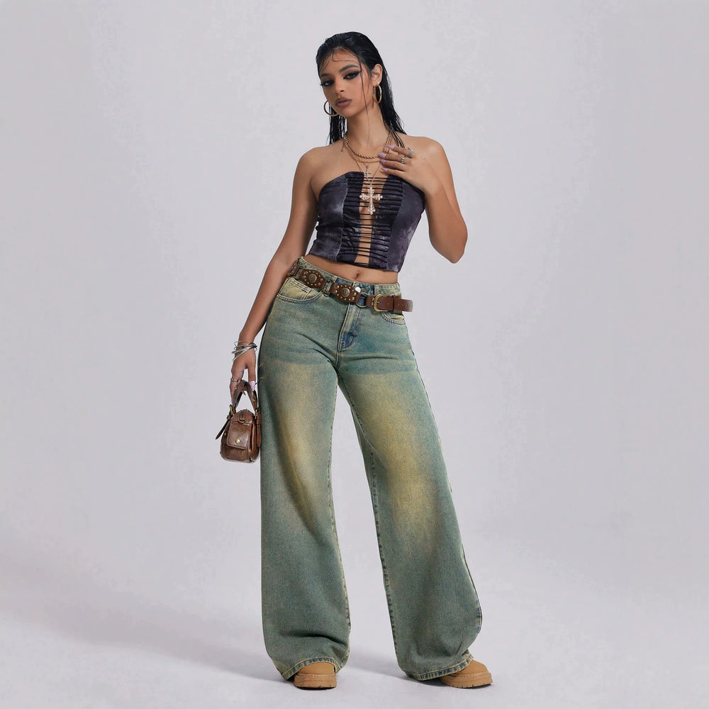 Fashionjeans women's yellow mud distressed gradient washed high waist wide leg mop pants cross-border loose denim pants