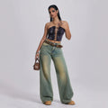 Fashionjeans women's yellow mud distressed gradient washed high waist wide leg mop pants cross-border loose denim pants