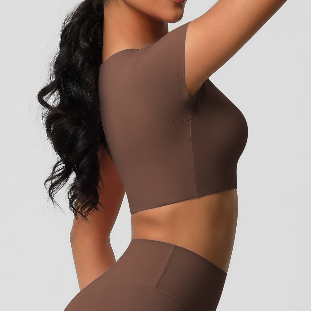 Ready-to-ship, cross-border, double-sided brushed, built-in bra, form-fitting, short-sleeve yoga top, pilates, running, and workout t-shirt for women