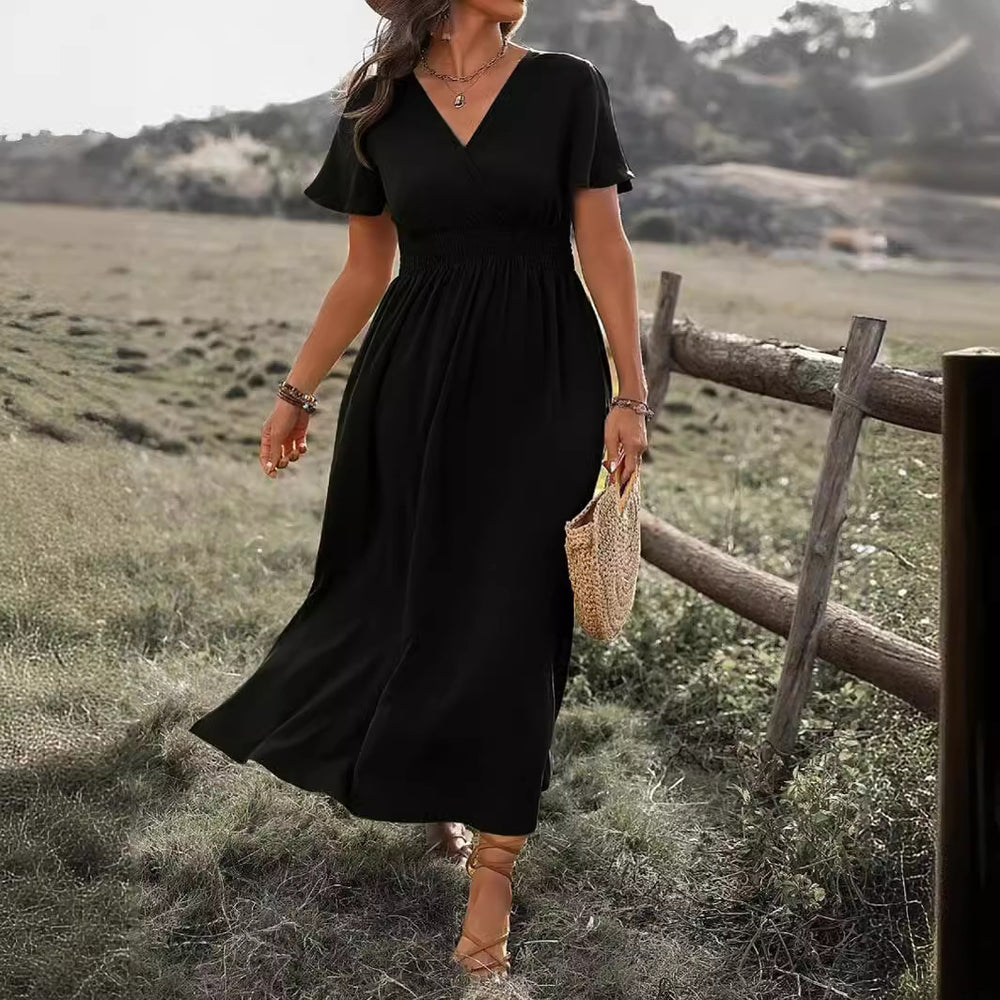european and american cross-border  summer new arrival: solid color v-neck flared sleeve elastic waist slimming slit maxi dress