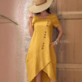 european and american cross-border  independent station new round neck button solid color short sleeve irregular dress
