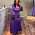 European and american women's clothing  spring/summer new arrival: elegant 3d floral long sleeve slim-fit square neck purple midi dress