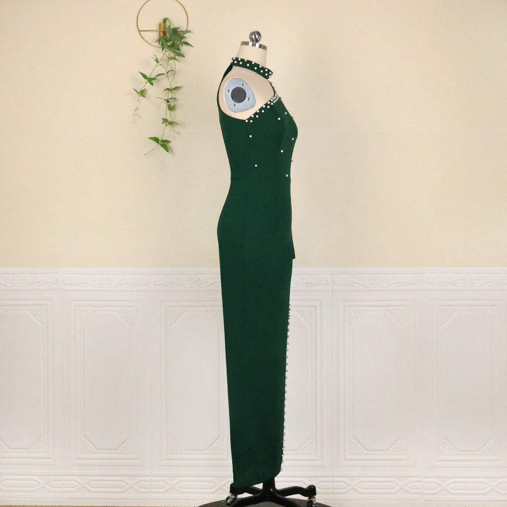 Am210821 one shoulder long sleeves slit banquet evening dress plus size women's dress party dress