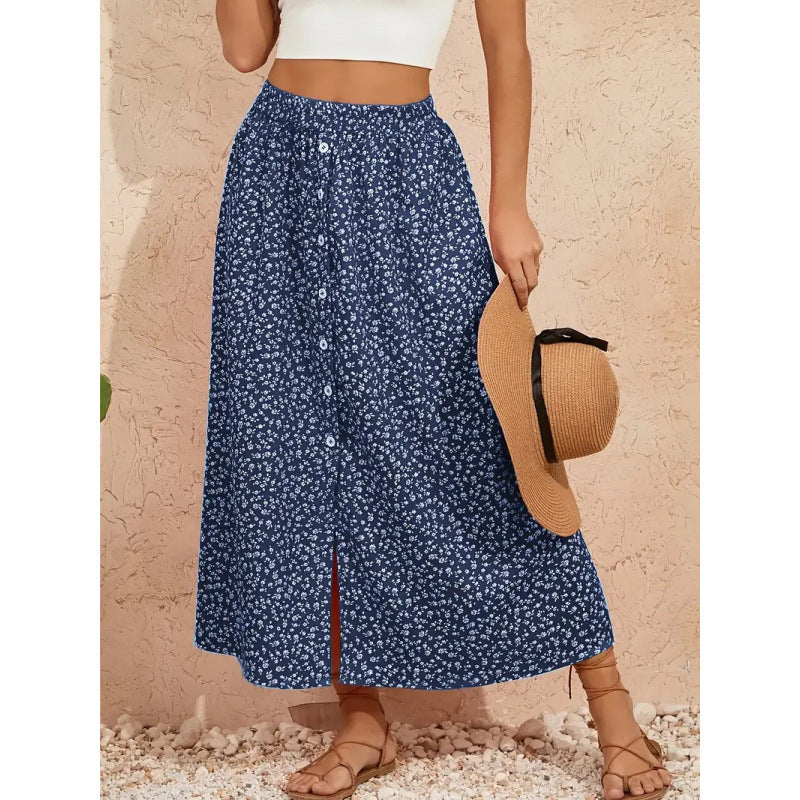 Shipped:  new cross-border european and american printed dress, button-down tie-up maxi skirt, summer country a-line skirt, midi skirt
