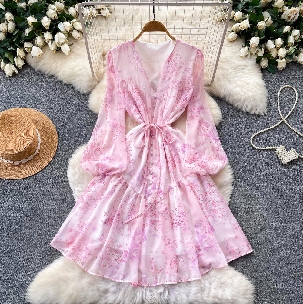 French riviera style pink floral v-neck dress - women's summer korean style long sleeve a-line dress with slimming waist design