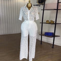 European and american cross-border women's fashion:  autumn new collection - stylish lace collar short sleeve blouse and high-waisted trousers casual set