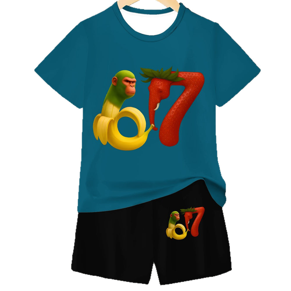 "stylish digital 67 print," perfect for summer wear, boys' outdoor sports t-shirt set