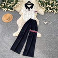 Lazy style knittingcute puppy suit women's summer lapel topshigh waistloose pantstwo-piece set relaxed feeling