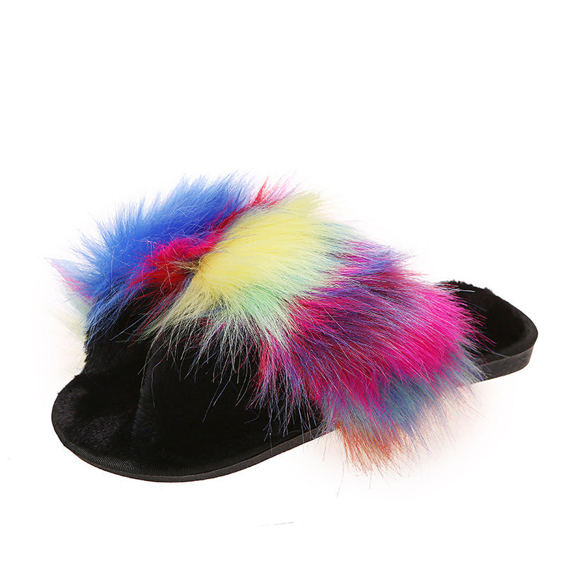 2024 new women's fuzzy clog slippers - cross-strap, flat, long-haired, warm, color-blocked, one-strap plush slippers for autumn/winter export