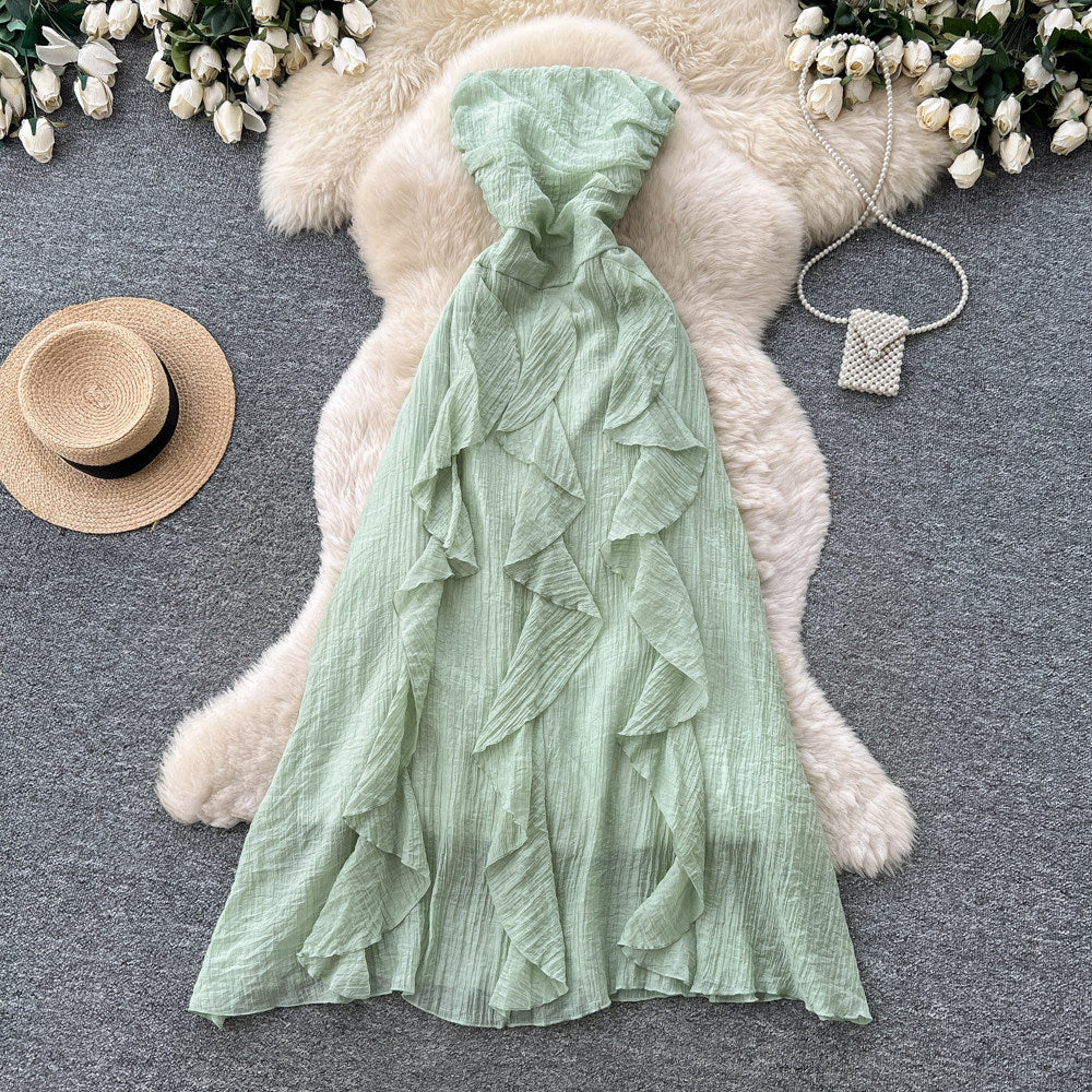 French riviera style halter sleeveless dress - women's summer korean high-waisted ruffle trim slimming elegant maxi dress - pink