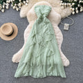 French riviera style halter sleeveless dress - women's summer korean high-waisted ruffle trim slimming elegant maxi dress - pink