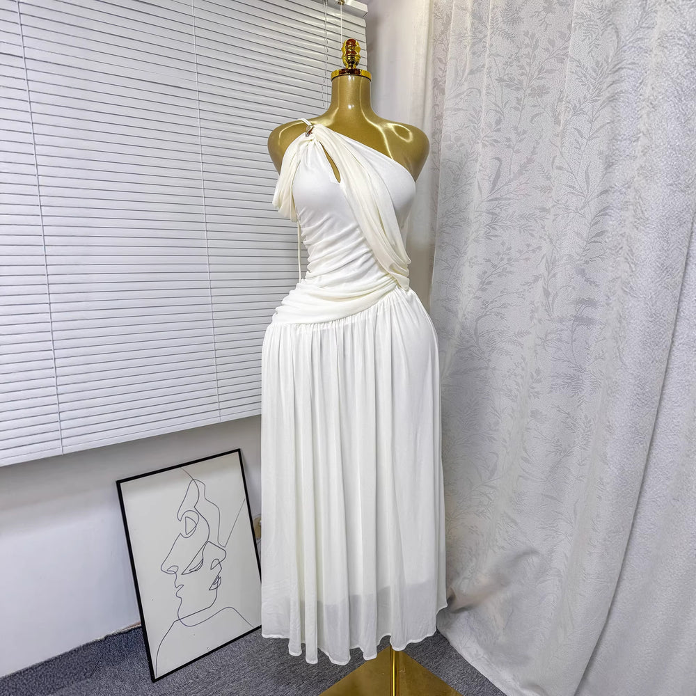 fashionsummer oblique shoulder twist-off shoulder sense of design long skirt sexy dress long skirt