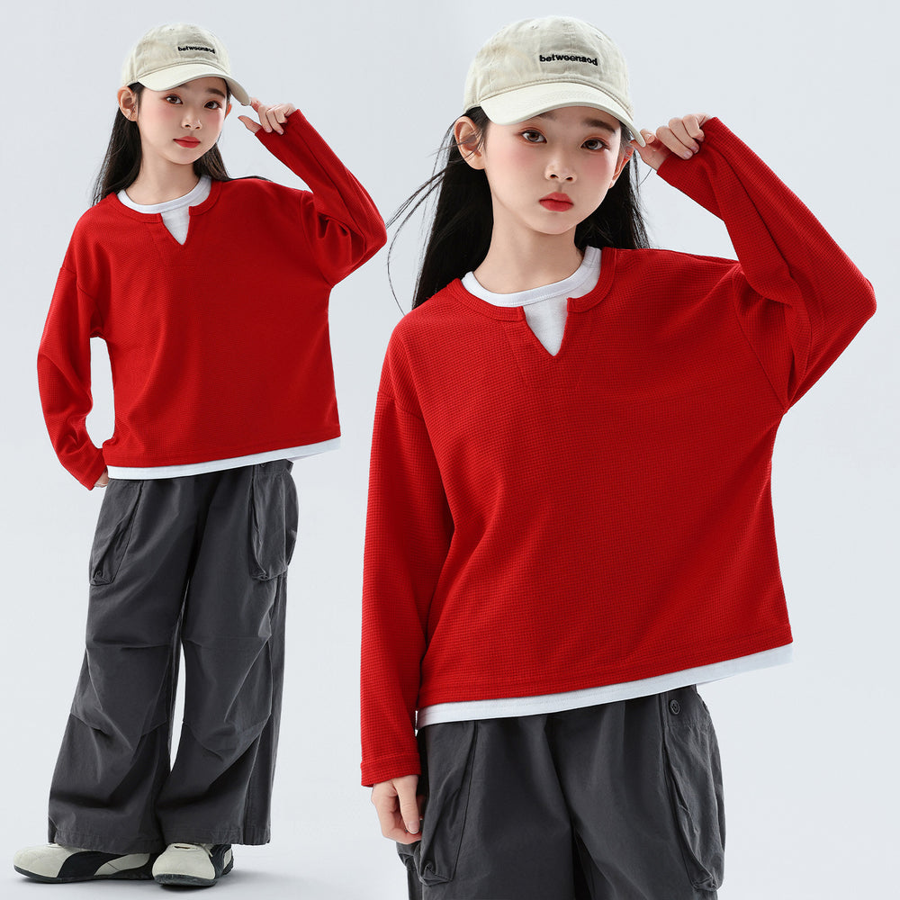 fake two-piece layered sweatshirtgirl waffle gridsv necklong sleeves t-shirt spring autumgirls fitted bottom shirt