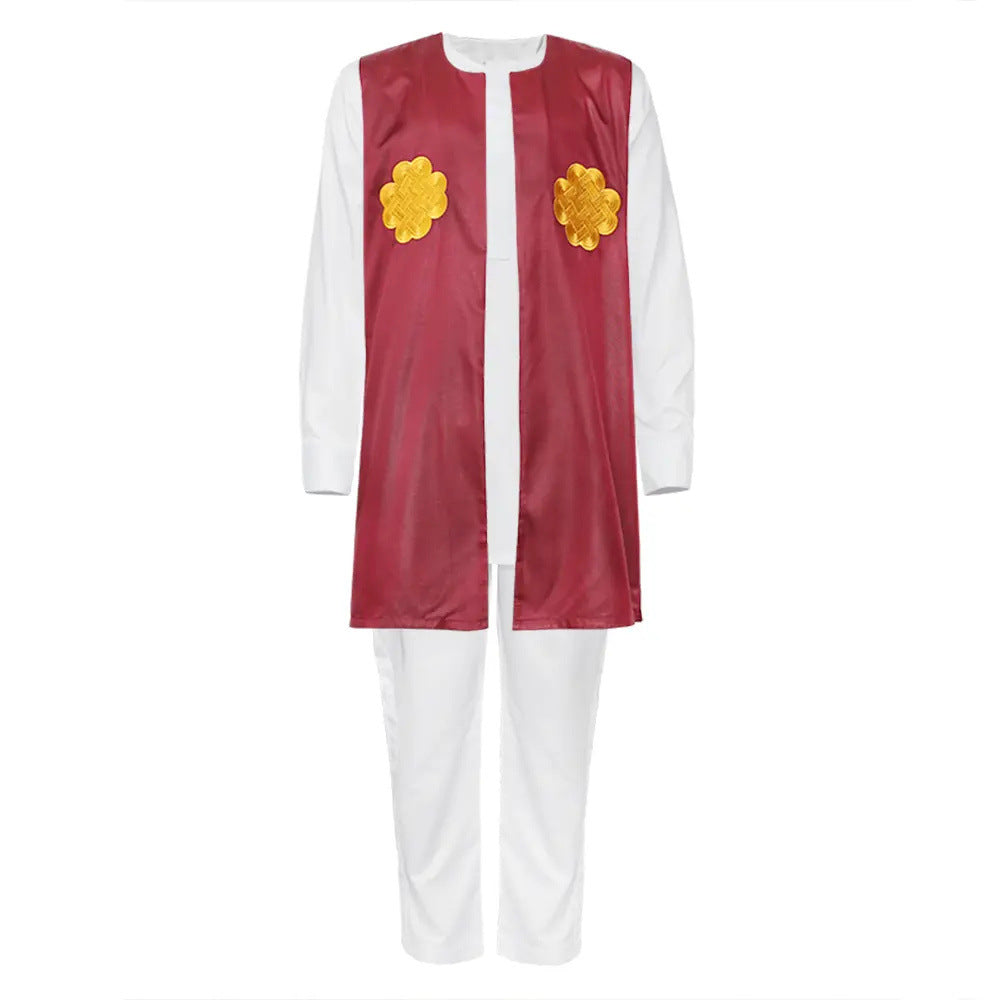 African  t-shirt long sleeves + pants 3-piece set independent station matte cloth men's fashionembroideroutwear vest