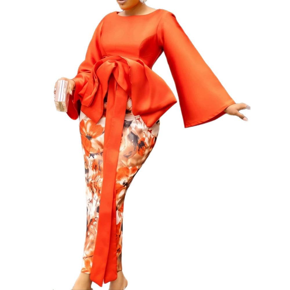 Evening elegance formal dress - printed patchwork flared sleeve cinched waist tie-up bow slim fit dress