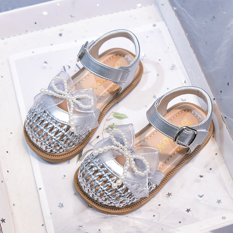 Vancahao girls' lace bowknot woven hollow-out sandals -  summer new collection - kids' closed-toe beach shoes - trendy style