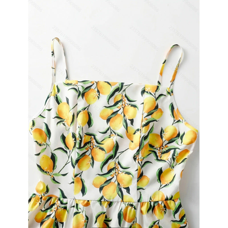 Women's summer new fashion vacation fruit print ruched waist a-line maxi dress